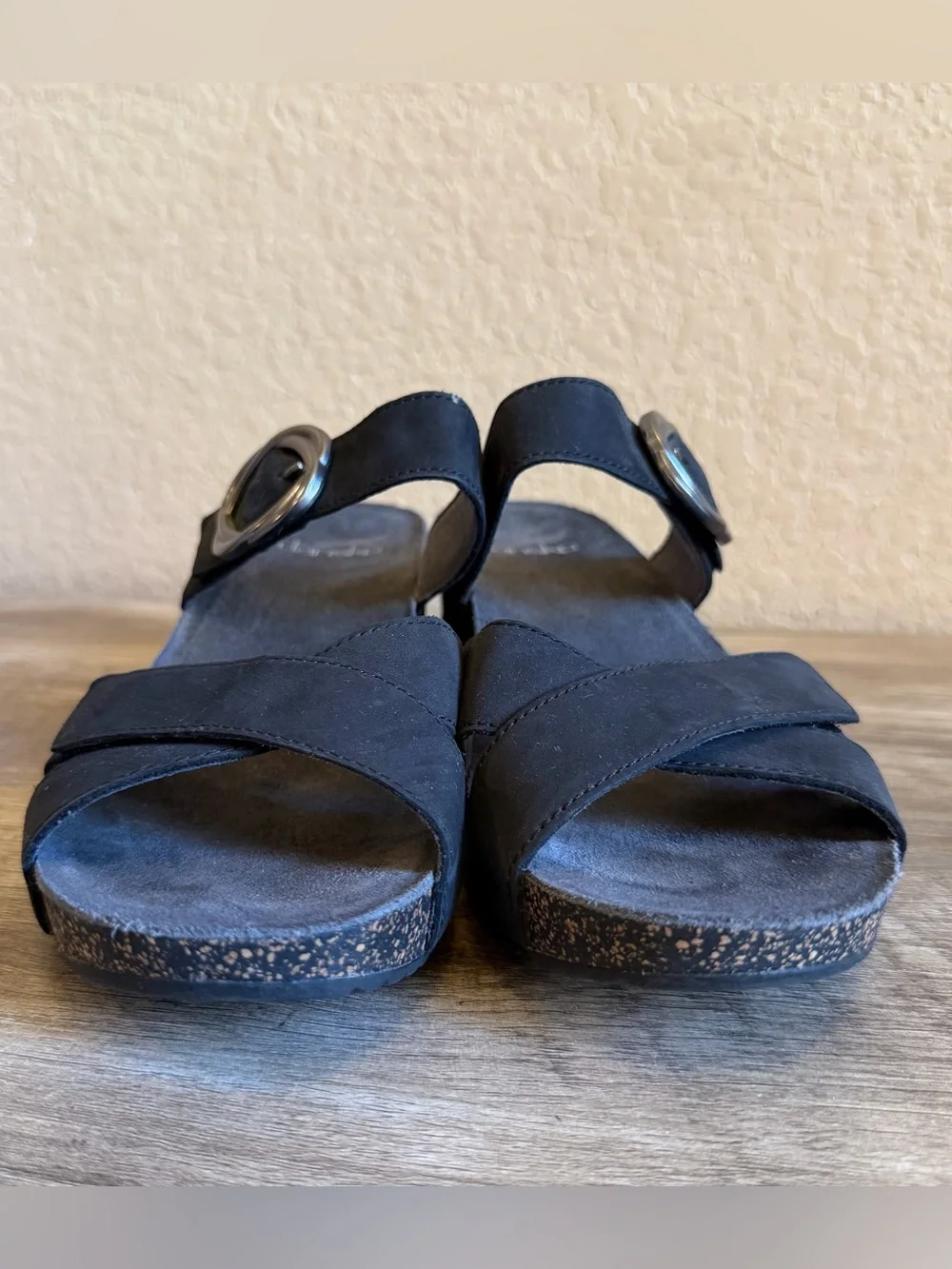 Dansko Susie slide sandals black milled nubuck leather decorative buckle